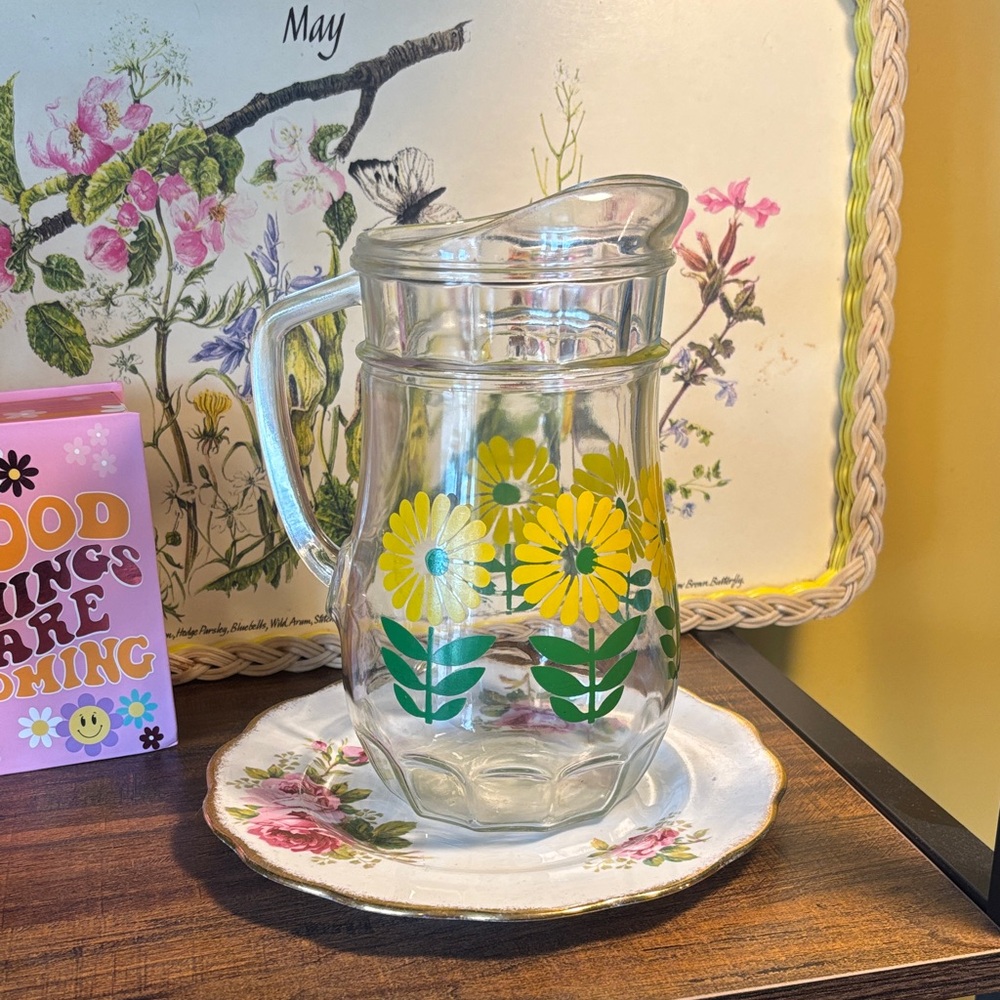 Anchor Hocking Glass Pitcher with Yellow and Green Floral Design